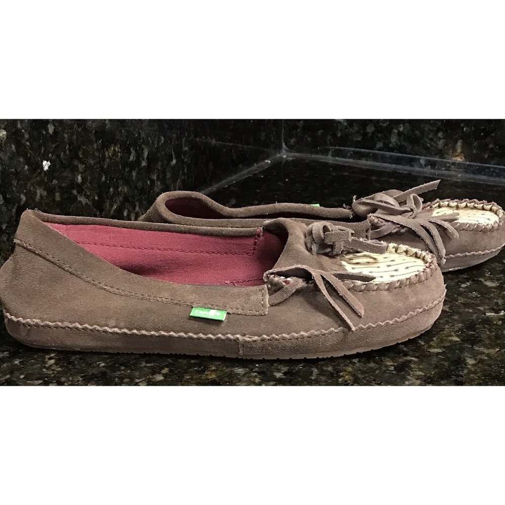 Sanuk‎ Womens Loafer Size 6 Brown Suede Leather Slip On Fringe Moccasin Shoes